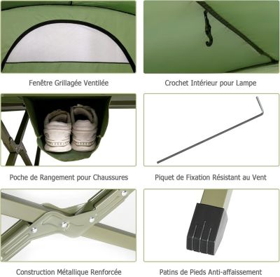 Lit de Camping avec Auvent de Pluie Tente Exterieure pour 1/2 Personne Charge Maximale 150KG (2 Places, Vert)