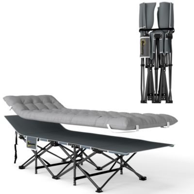 Lit de camping pliable - matelas, pochette latérale sac intégré - métal tissu Oxford - 185 x 68 x 37 cm - gris clair