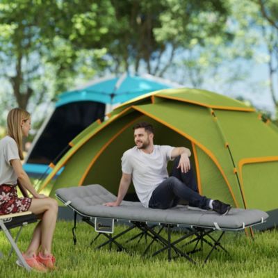 Lit de camping pliable - matelas, pochette latérale sac intégré - métal tissu Oxford - 185 x 68 x 37 cm - gris clair