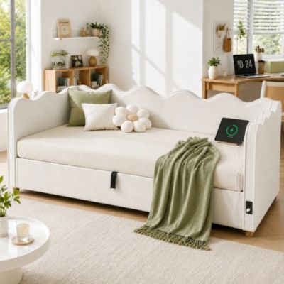 Lit de jour 90x200 cm en velours beige avec coffre de rangement
