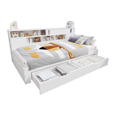 Lit de jour enfant 90x190 cm en MDF blanc avec tiroirs, étagères et placard