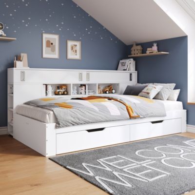 Lit de jour enfant 90x190 cm en MDF blanc avec tiroirs, étagères et placard