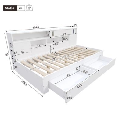 Lit de jour enfant 90x190 cm en MDF blanc avec tiroirs, étagères et placard