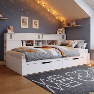Lit de jour enfant 90x190 cm en MDF blanc avec tiroirs, étagères et placard