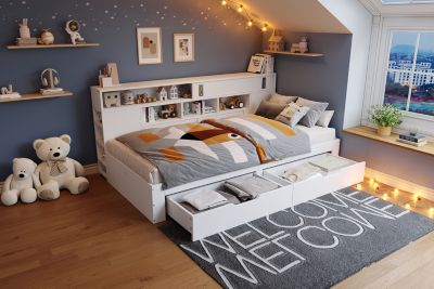 Lit de jour enfant 90x190 cm en MDF blanc avec tiroirs, étagères et placard