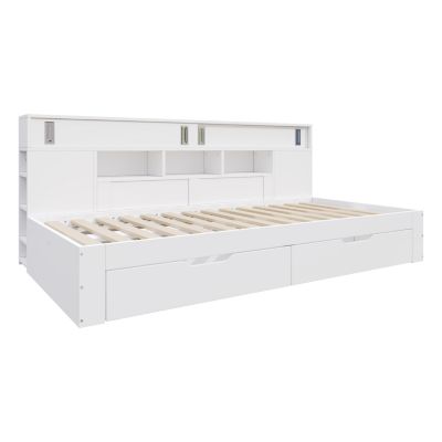 Lit de jour enfant 90x190 cm en MDF blanc avec tiroirs, étagères et placard