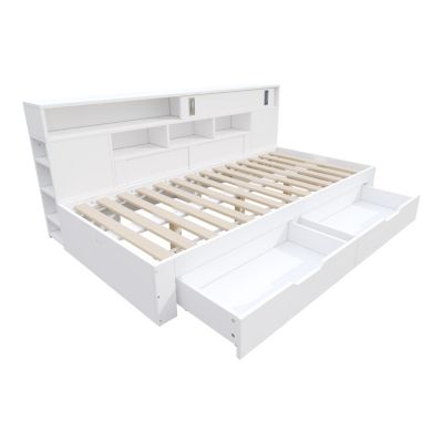 Lit de jour enfant 90x190 cm en MDF blanc avec tiroirs, étagères et placard