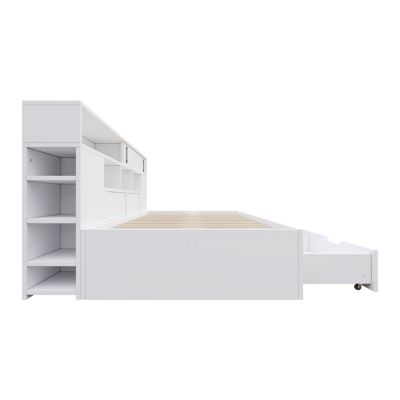 Lit de jour enfant 90x190 cm en MDF blanc avec tiroirs, étagères et placard
