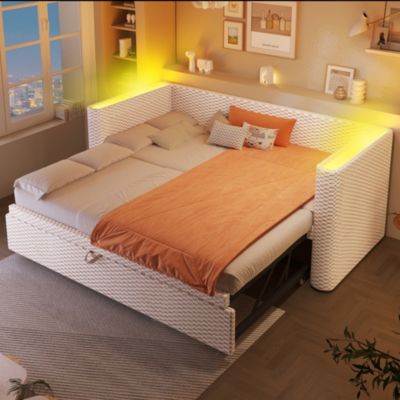 Lit de repos avec bande lumineuse LED, canapé-lit 90 x 200 cm, lit gigogne, sommier à lattes, sans matelas, velours, beige