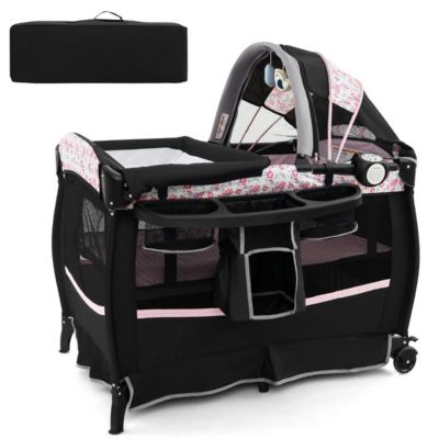 Lit de voyage 4 en 1 avec matelas lit d'appoint rabattable avec ciel de lit réglable fleurs roses