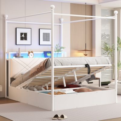 Lit double 140x190 cm en fer forgé, coffre hydraulique, baldaquin, LED, USB-C, montants amovibles, blanc