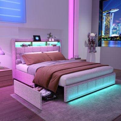 Lit Double 140x190 Cm En Lin Beige, 4 Tiroirs, LED, Étagères, Ports USB/type-c,sommier à Lattes Bois
