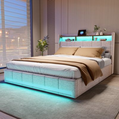 Lit Double 140x190 Cm En Lin Beige, 4 Tiroirs, LED, Étagères, Ports USB/type-c,sommier à Lattes Bois