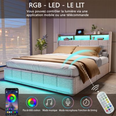 Lit Double 140x190 Cm En Lin Beige, 4 Tiroirs, LED, Étagères, Ports USB/type-c,sommier à Lattes Bois