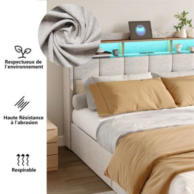 Lit Double 140x190 Cm En Lin Beige, 4 Tiroirs, LED, Étagères, Ports USB/type-c,sommier à Lattes Bois