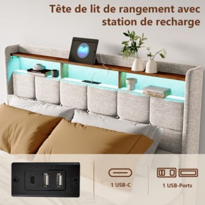 Lit Double 140x190 Cm En Lin Beige, 4 Tiroirs, LED, Étagères, Ports USB/type-c,sommier à Lattes Bois