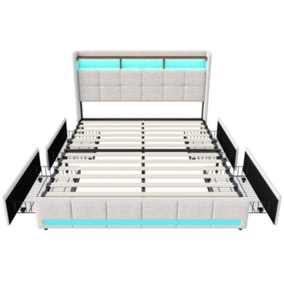 Lit Double 140x190 Cm En Lin Beige, 4 Tiroirs, LED, Étagères, Ports USB/type-c,sommier à Lattes Bois
