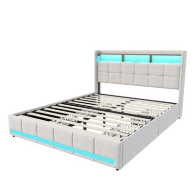 Lit Double 140x190 Cm En Lin Beige, 4 Tiroirs, LED, Étagères, Ports USB/type-c,sommier à Lattes Bois