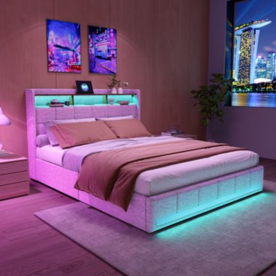 Lit Double 140x190 Cm En Lin Beige, 4 Tiroirs, LED, Étagères, Ports USB/type-c,sommier à Lattes Bois