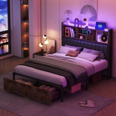 Lit double 140x200 cm avec LED, cadre métal, 2 tiroirs, tête avec ...