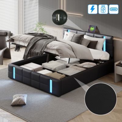 Lit double 140x200 cm avec LED, USB, tête de lit, sommier à lattes, PU noir, fonction de charge