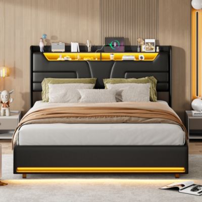 Lit Double 140x200 Cm Avec Rangement Et Port De Charge, Éclairage Par Bande Lumineuse, Noir