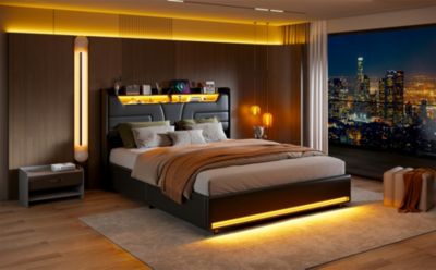 Lit Double 140x200 Cm Avec Rangement Et Port De Charge, Éclairage Par Bande Lumineuse, Noir