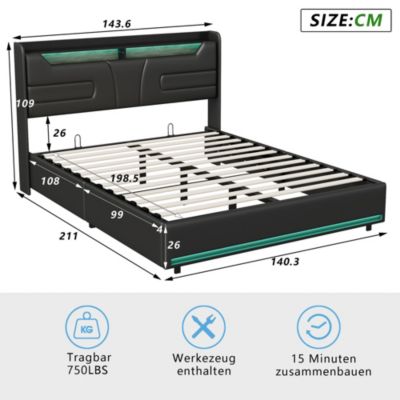 Lit Double 140x200 Cm Avec Rangement Et Port De Charge, Éclairage Par Bande Lumineuse, Noir