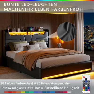 Lit Double 140x200 Cm Avec Rangement Et Port De Charge, Éclairage Par Bande Lumineuse, Noir