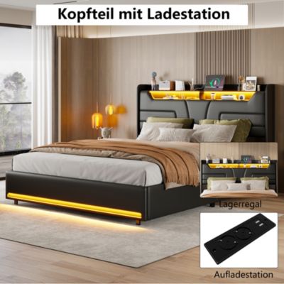 Lit Double 140x200 Cm Avec Rangement Et Port De Charge, Éclairage Par Bande Lumineuse, Noir