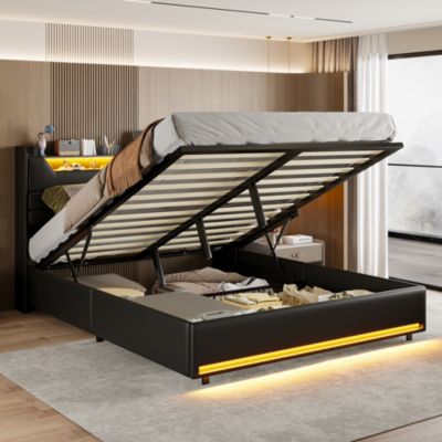 Lit Double 140x200 Cm Avec Rangement Et Port De Charge, Éclairage Par Bande Lumineuse, Noir