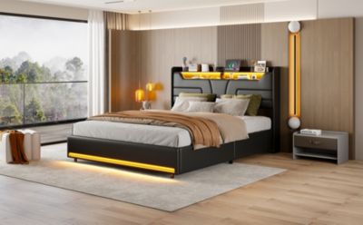 Lit Double 140x200 Cm Avec Rangement Et Port De Charge, Éclairage Par Bande Lumineuse, Noir