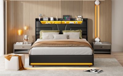 Lit Double 140x200 Cm Avec Rangement Et Port De Charge, Éclairage Par Bande Lumineuse, Noir