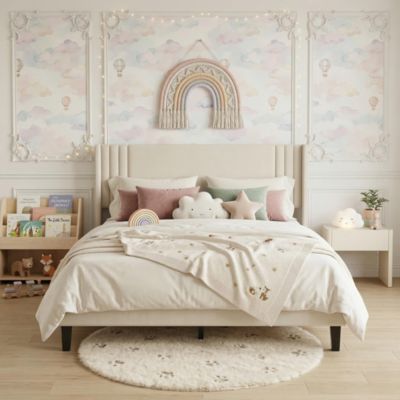 Lit double 140x200 cm en tissu lin, tête de lit côtelée, sommier à lattes en bois et cadre métallique, Design scandinave, Beige