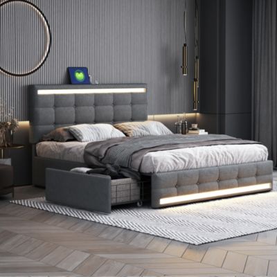 Lit double 140x200 cm gris tissu avec LED, 4 tiroirs, 2 ports USB ...