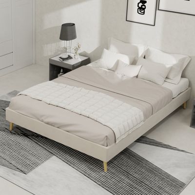 Lit Double 140x200 cm, Lit Adulte et Ado avec Cadre Bas Minimaliste, Design Stable en Velours Néerlandais Beige, Sans Matelas