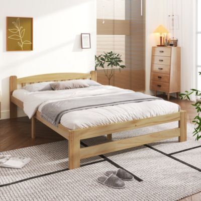 Lit double 140x200 cm - Lit classique avec tête de lit et sommier à lattes - Pin - Sans matelas - Naturel
