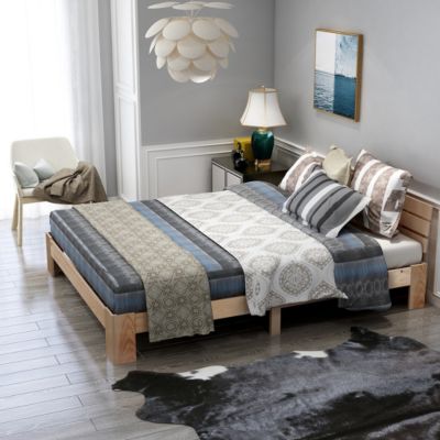 Lit Double 140x200 cm - Lit Double en Bois Massif avec Sommier Inclus, Style Minimaliste, Pin Naturel