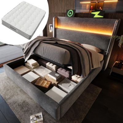 Lit double 140x200 cm, tête haute, LED/USB/Type-C, rangement, lin gris (avec matelas)