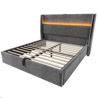 Lit double 140x200 cm, tête haute, LED/USB/Type-C, rangement, lin gris (avec matelas)