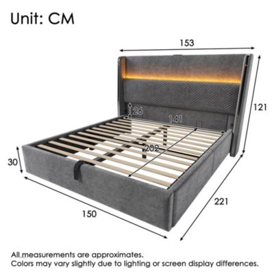 Lit double 140x200 cm, tête haute, LED/USB/Type-C, rangement, lin gris (avec matelas)