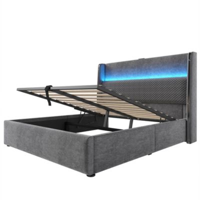 Lit double 140x200 cm, tête haute, LED/USB/Type-C, rangement, lin gris (avec matelas)