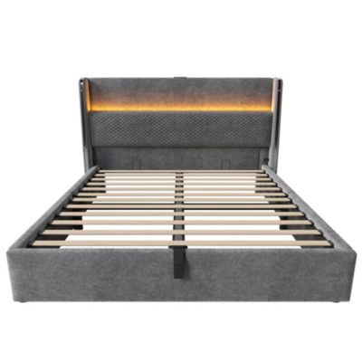 Lit double 140x200 cm, tête haute, LED/USB/Type-C, rangement, lin gris (avec matelas)