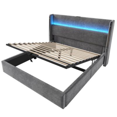 Lit double 140x200 cm, tête haute, LED/USB/Type-C, rangement, lin gris (avec matelas)