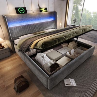 Lit double 140x200 cm, tête haute, LED/USB/Type-C, rangement, lin gris (avec matelas)