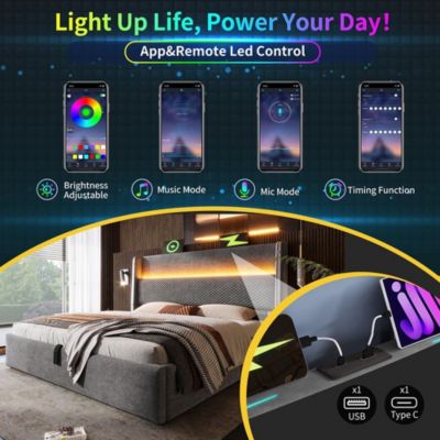 Lit double 140x200 cm, tête haute, LED/USB/Type-C, rangement, lin gris (avec matelas)