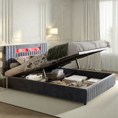 Lit double 140x200 cm velours gris avec coffre hydraulique, tête LED 7 couleurs, télécommande et contrôle smartphone