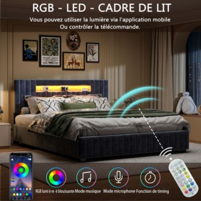 Lit double 140x200 cm velours gris avec coffre hydraulique, tête LED 7 couleurs, télécommande et contrôle smartphone