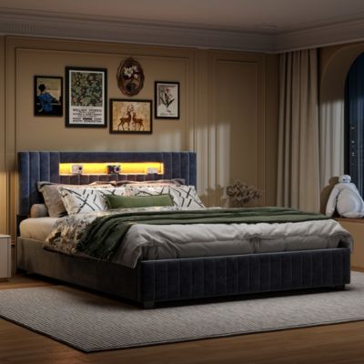 Lit double 140x200 cm velours gris avec coffre hydraulique, tête LED 7 couleurs, télécommande et contrôle smartphone