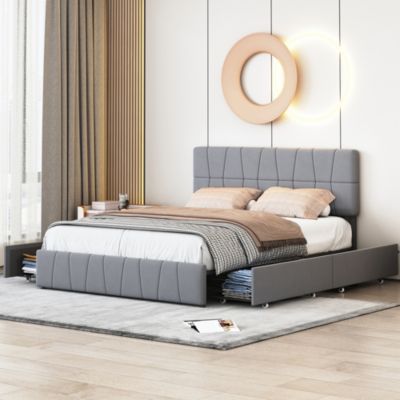 lit double 160 x 200 avec 4 tiroirs,lit capitonné avec sommier à lattes en bois,Tissu velours doux pour la peau,Gris